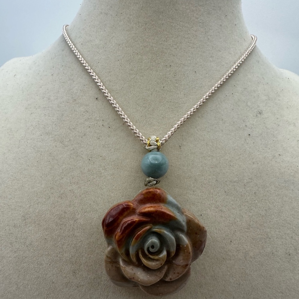 Polychrome Rose Pendant Necklace with Jade Bead on Beige Adjustable Rope - Picture 4 of 8